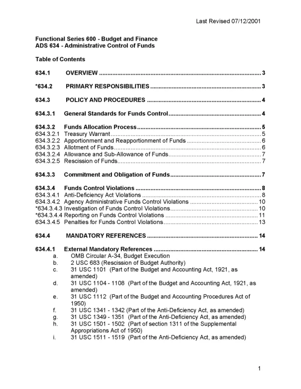 ADS chapter 634 : administrative control of funds