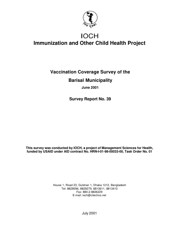 Vaccination coverage survey of the Barisal Municipality, June 2001