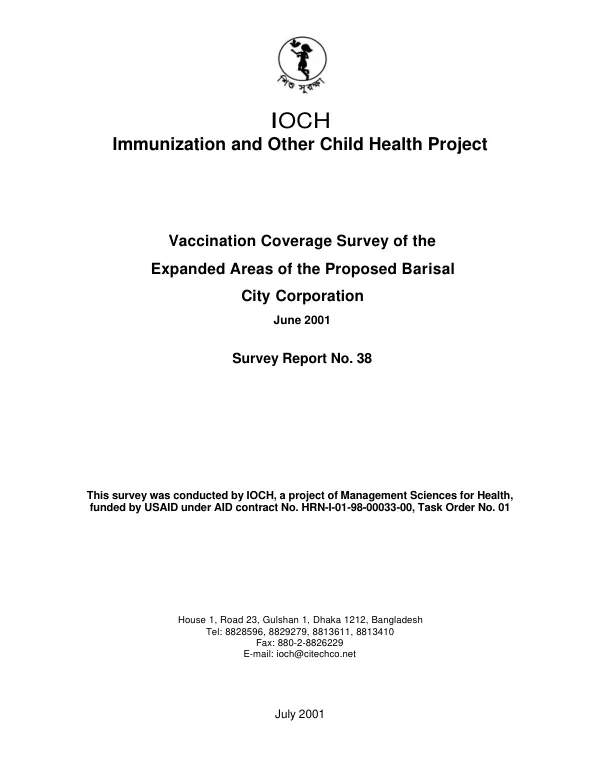 Vaccination coverage survey of the expanded areas of the proposed Barisal City Corporation, June 2001