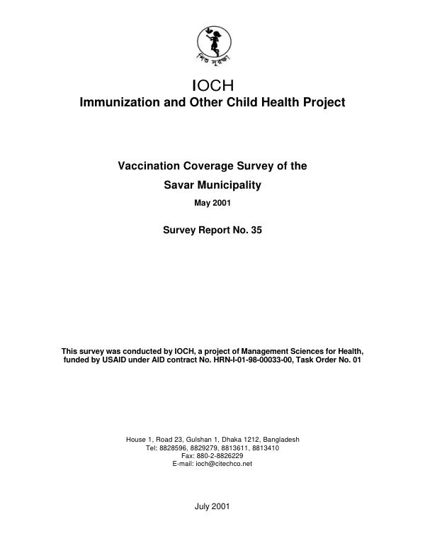Vaccination coverage survey of the Savar Municipality, May 2001
