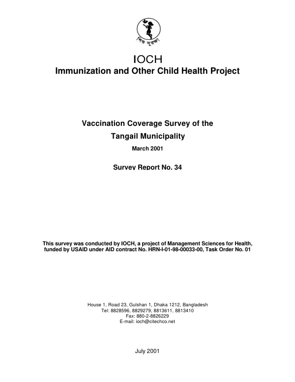 Vaccination coverage survey of the Tangail Municipality, March 2001