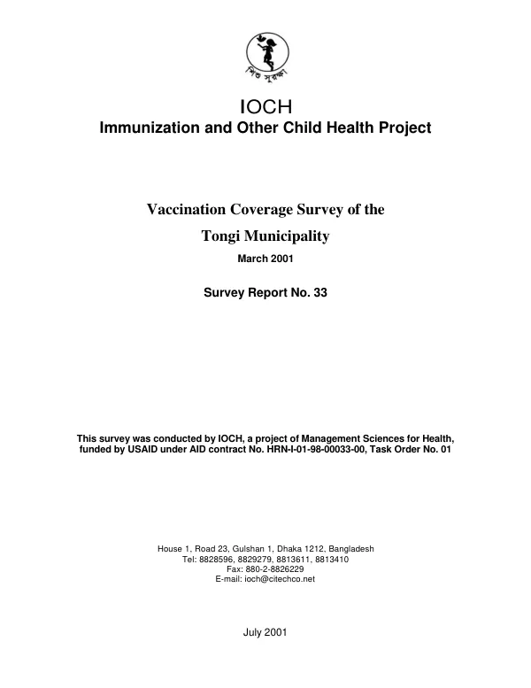 Vaccination coverage survey of the Tongi Municipality, March 2001