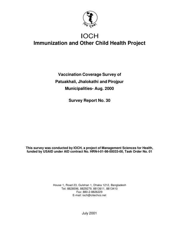 Vaccination coverage survey of Patuakhali, Jhalokathi and Pirojpur municipalities, August 2000