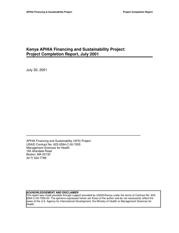 Kenya APHIA financing and sustainabililty project : project completion report, July 2001