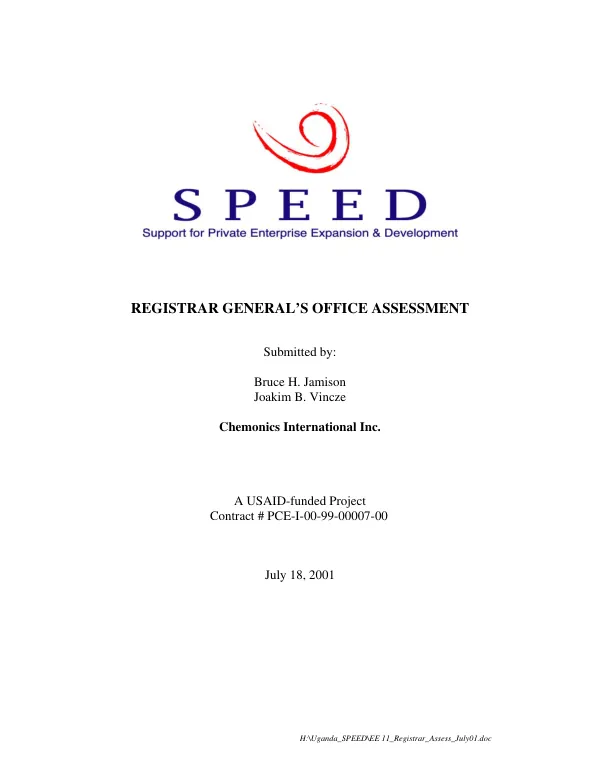 SPEED, support for private enterprise expansion & development : Registrar General"s office assessment
