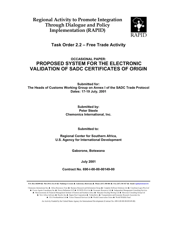 Occasional paper : proposed system for the electronic validation of SADC certificates of origin