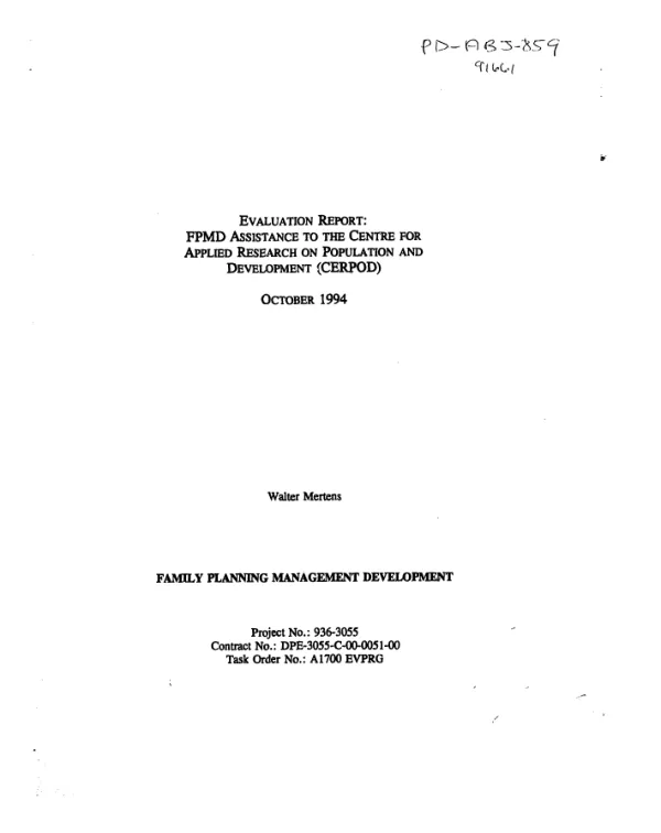 Evaluation report : FPMD [family planning management development] assistance to the Centre for Applied Research on Population and Development (CERPOD)