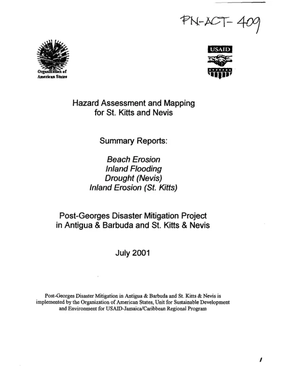 Hazard assessment and mapping for St. Kitts and Nevis -- summary reports : beach erosion, inland flooding, drought (Nevis), inland erosion (St. Kitts)