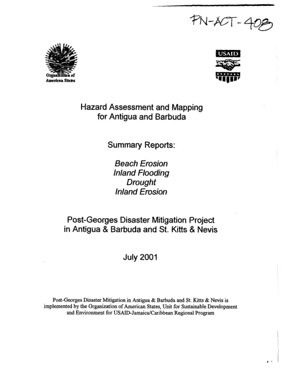 Hazard assessment and mapping for Antigua and Barbuda -- summary reports : beach erosion, inland flooding, drought, inland erosion