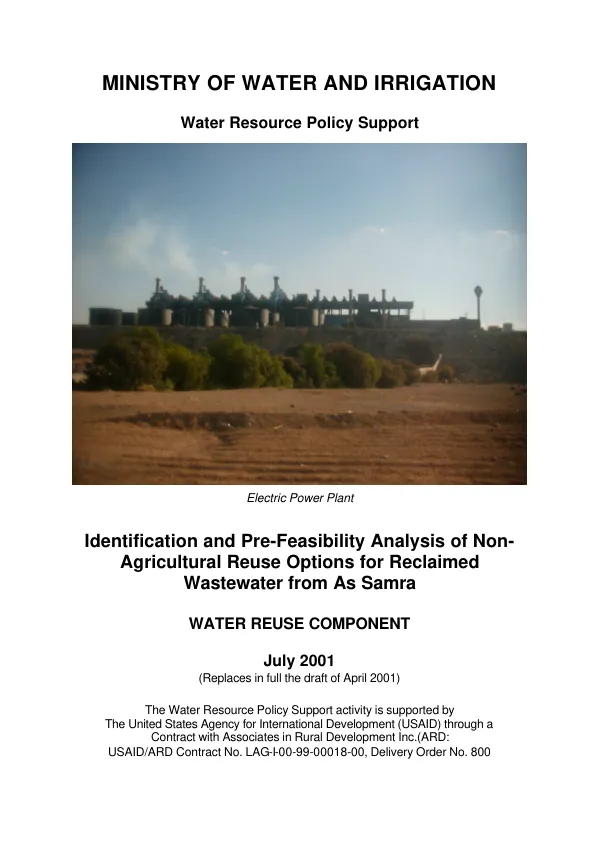 Identification and pre-feasibility analysis of non-agricultural reuse options for reclaimed wastewater from As Samra