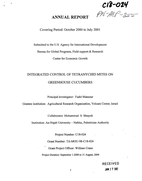 Annual report covering period October 2000 to July 2001 : integrated control of tetranychid mites on greenhouse cucumbers