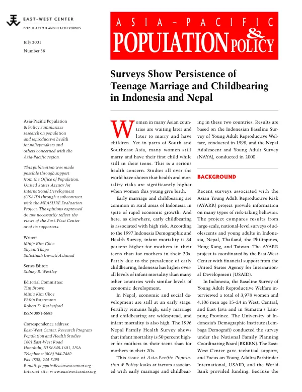 Surveys show persistence of teenage marriage and childbearing in Indonesia and Nepal