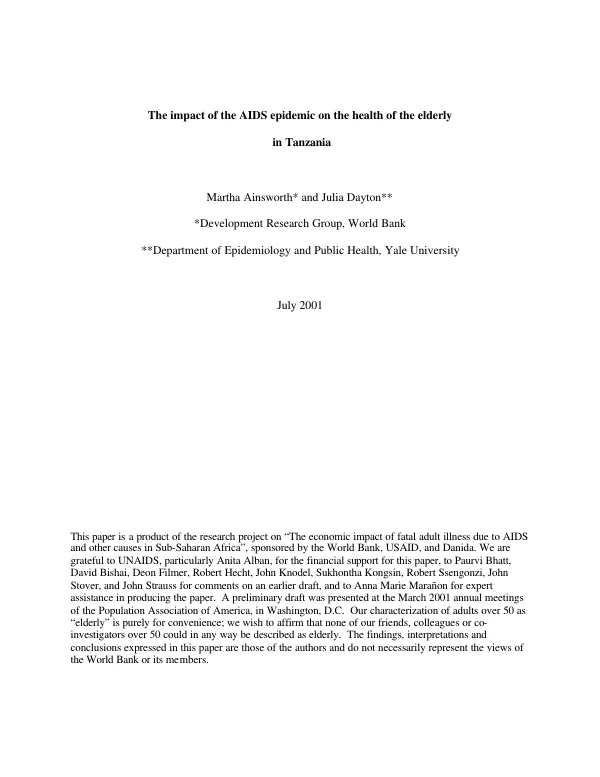 Impact of AIDS epidemic on the health of the elderly in Tanzania
