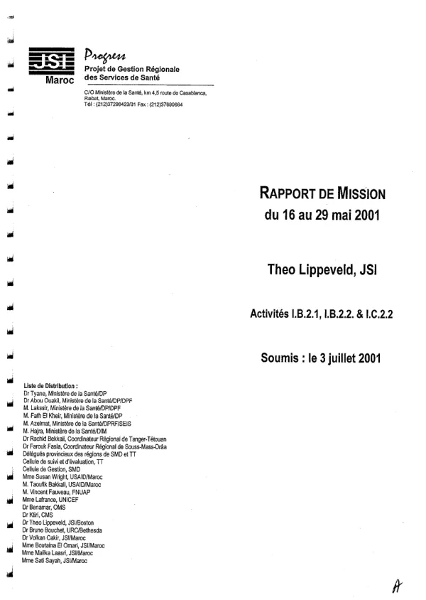 Projet de gestion regionale des services de sante (PROGRESS) : rapport de mission du 16 au 29 mai 2001