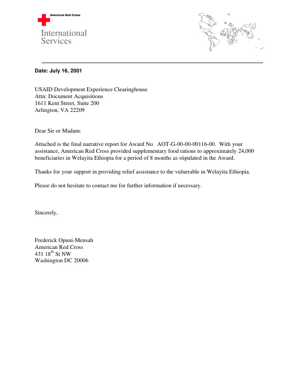 Final report : emergency assistance to drought-affected Ofa (N. Omo), Ethiopia -- cooperative agreement AOT-G-00-00-00116-00 : May 14th 2000 to April 15, 2001