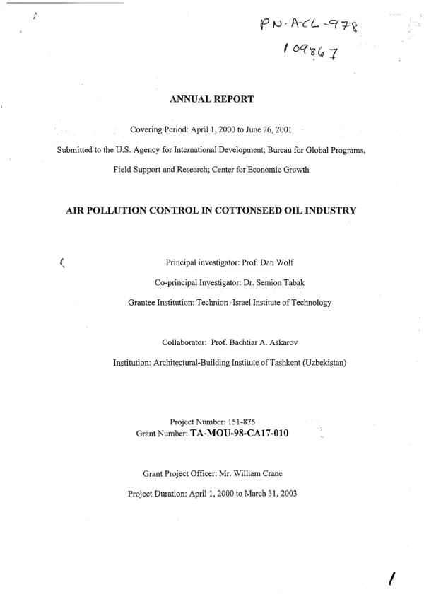 Annual report covering period April 1, 2000 to June 26, 2001 : air pollution control in cottonseed oil industry
