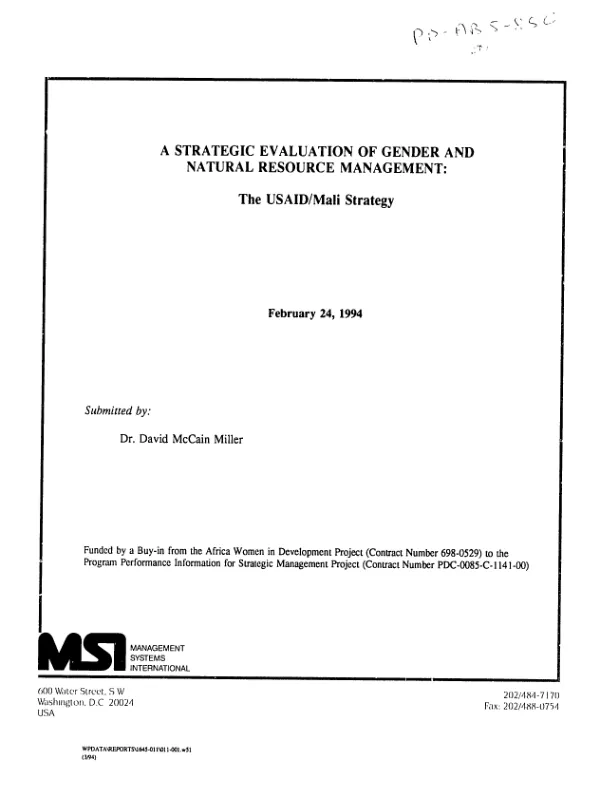 Strategic evaluation of gender and natural resource management : the USAID/Mali strategy