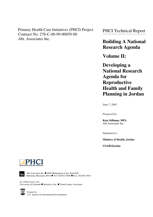 Building a national research agenda, volume II : developing a national research agenda for reproductive health and family planning in Jordan