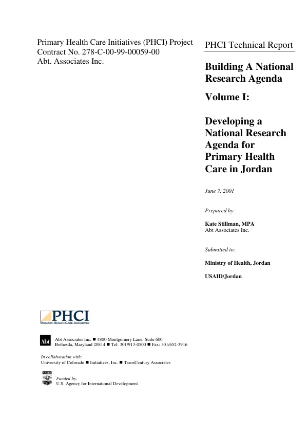 Building a national research agenda, volume I : developing a national research agenda for primary health care in Jordan