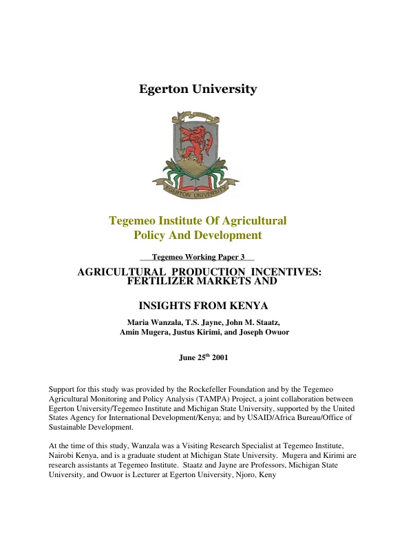 Agricultural production incentives : fertilizer markets and insights from Kenya
