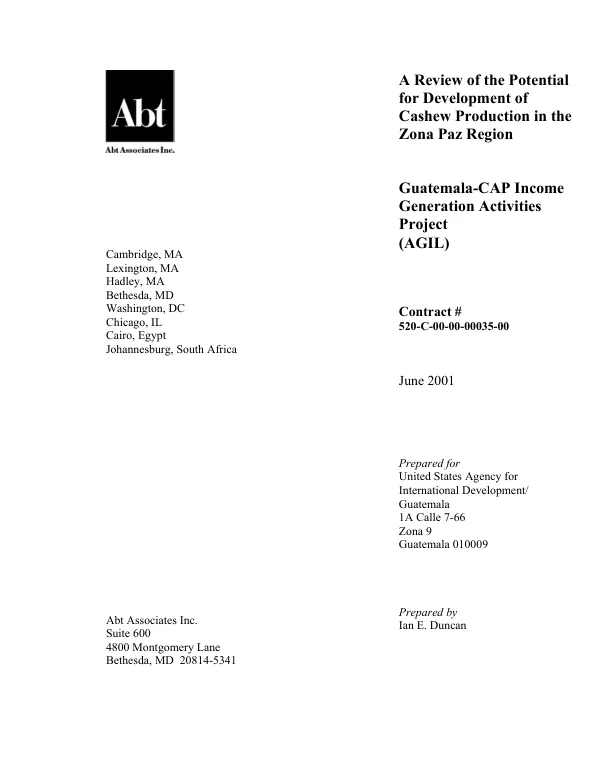 Review of the potential for development of cashew production in the Zona Paz Region, Guatemala, Central America