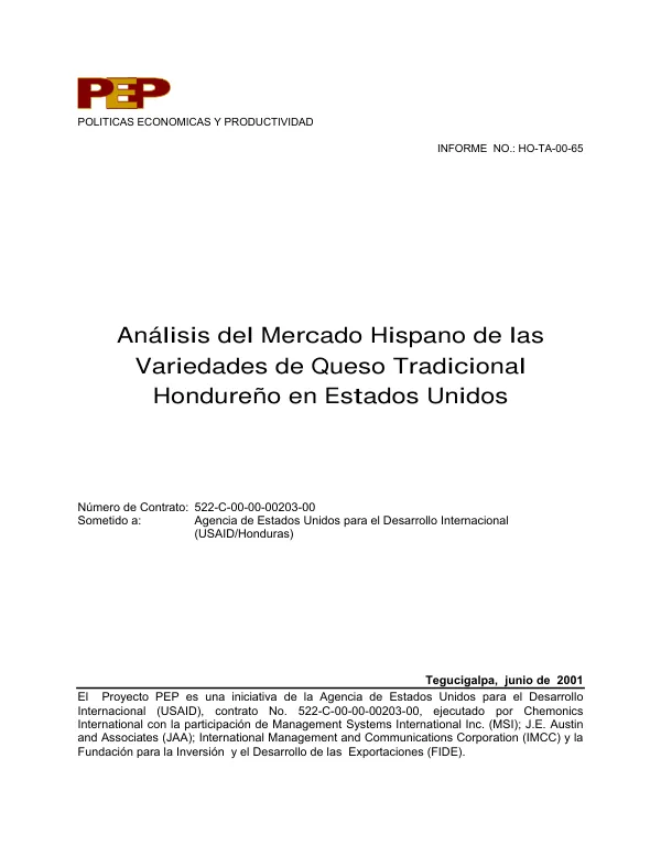 Analisis del mercado hispano de las variedades de queso tradicional hondureno en Estados Unidos