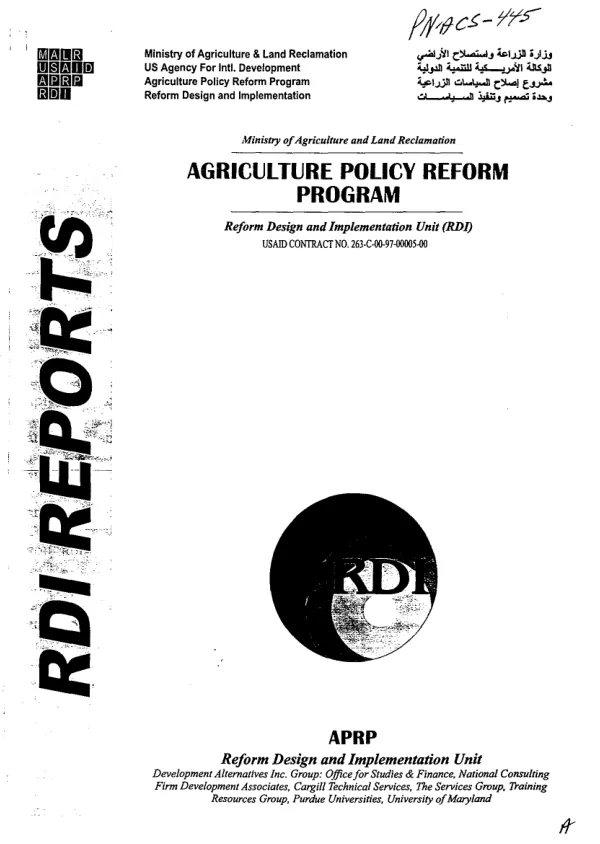 Cotton pest management services : transferring responsibilities from MALR [Ministry of Agriculture and Land Reclamation] to farmers, cooperatives and other private sector providers