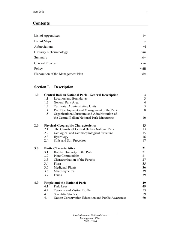 Central Balkan National Park : management plan, 2001-2010