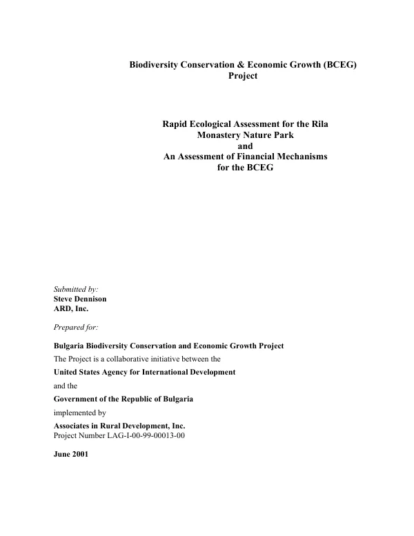 Rapid ecological assessment for the Rila Monastery Nature Park and an assessment of financial mechanisms for the BCEG [biodiversity conservation & economic growth]