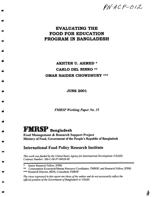 Evaluating the food for education program in Bangladesh