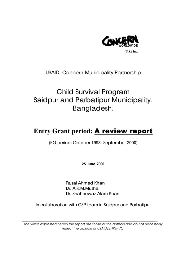 USAID-Concern-municipality partnership : child survival program -- Saidpur and Parbatipur Municipality, Bangladesh : entry grant period -- a review report : (EG period October 1998-September 2000)
