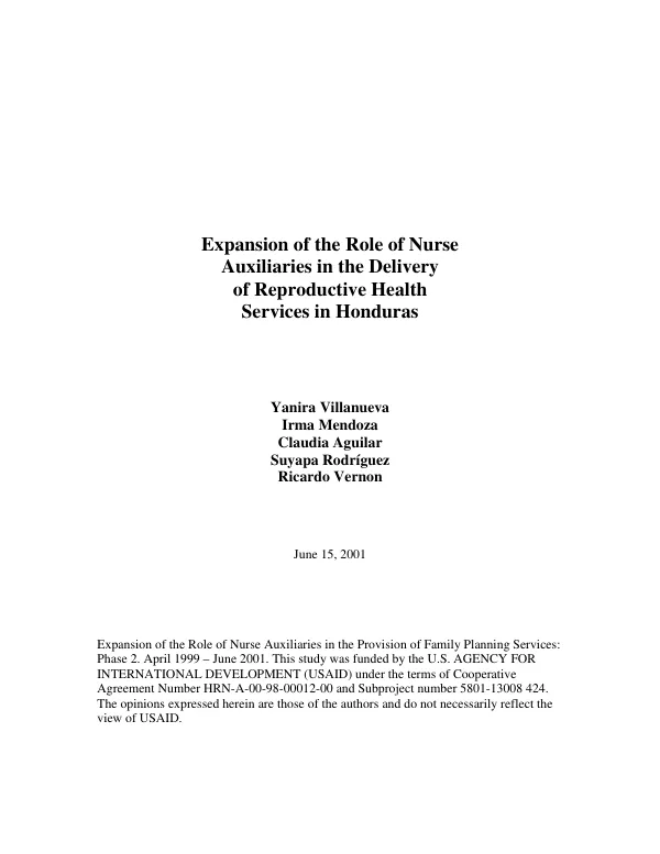 Expansion of the role of nurse auxiliaries in the delivery of reproductive health services in Honduras