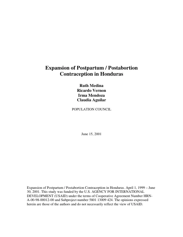 Expansion of postpartum/postabortion contraception in Honduras
