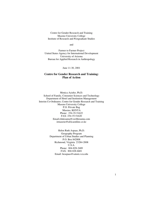 Centre for Gender Research and Training [, Maseno University College] : plan of action