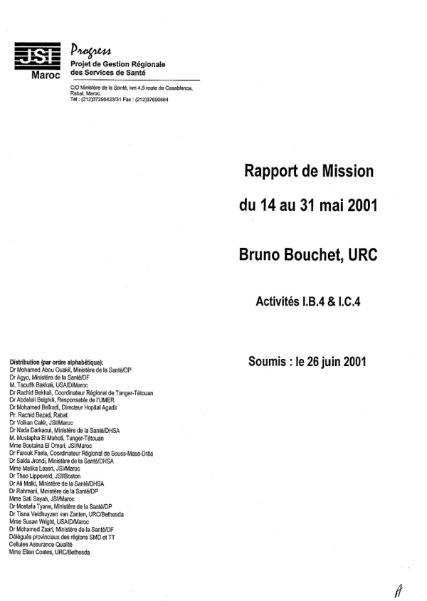 Projet de gestion regionale des services de sante (PROGRESS) : rapport de mission du 14 au 31 mai 2001
