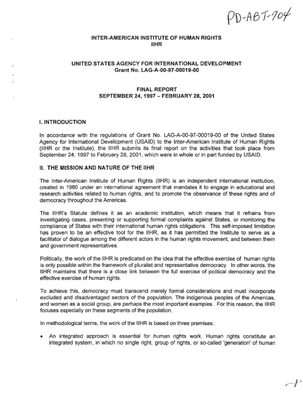 Inter-American Institute of Human Rights (IIHR) : United States for International Development grant no. LAG-A-00-97-00019-00 : final report, September 24, 1997-February 28, 2001
