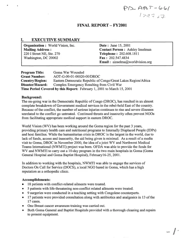 Final report-FY2001 : Goma war wounded -- grant no. AOT-G-00-01-00020-00