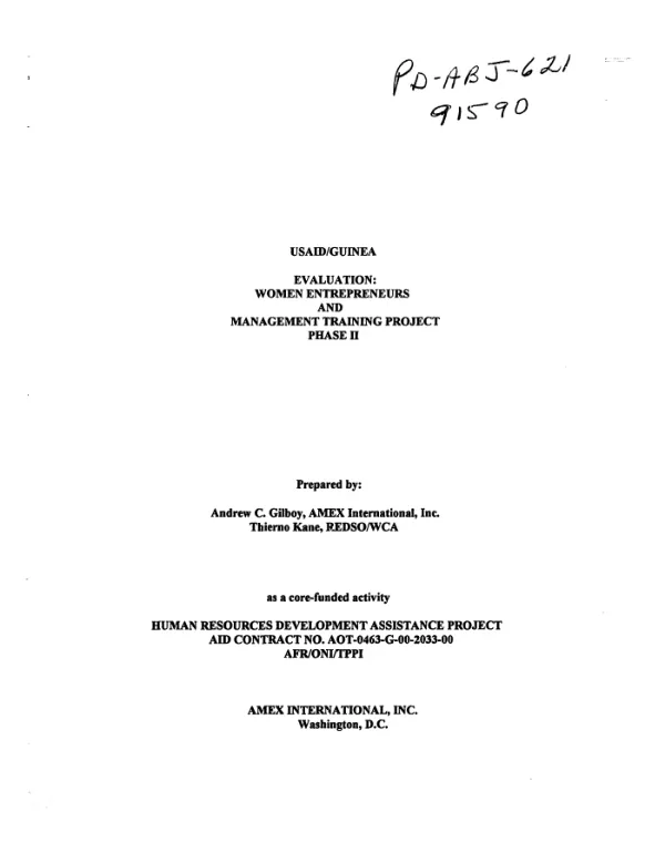 Evaluation : women entrepreneurs and management training project phase II