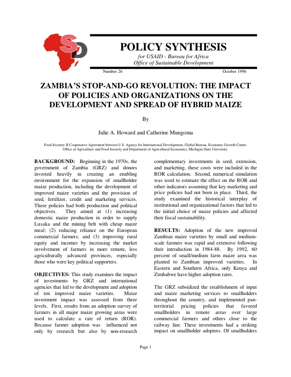 Zambia"s stop-and-go revolution : the impact of policies and organizations on the development and spread of hybrid maize