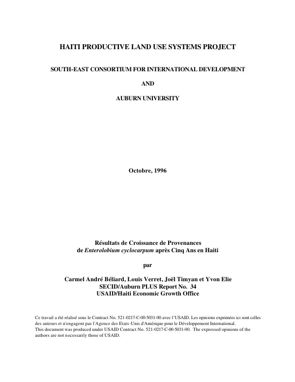 Resultats de croissance de provenances de Enterolobium cyclocarpum apres cinq ans en Haiti