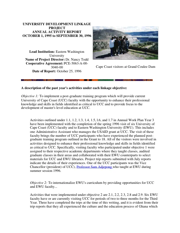 University development linkage project [UDLP] annual activity report, October 1, 1995 to September 30, 1996 : cooperative agreement no. PCE-5063-A-00-3040-00