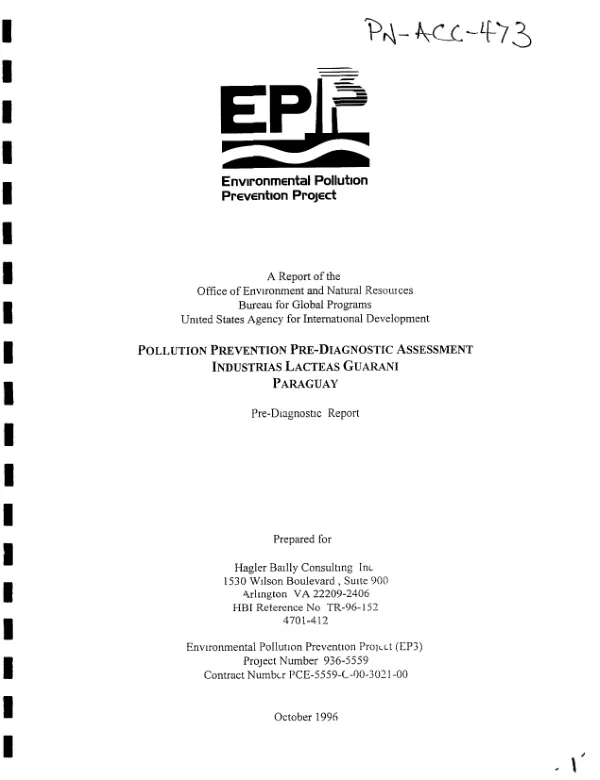 Pollution prevention pre-diagnostic assessment : Industrias Lacteas Guarani, Paraguay