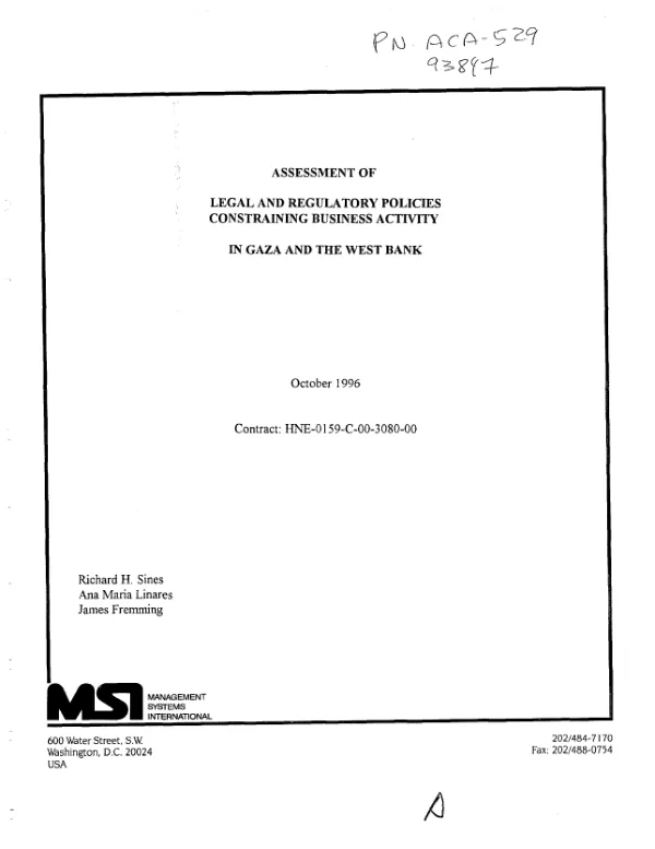 Assessment of legal and regulatory policies constraining business activity in Gaza and the West Bank