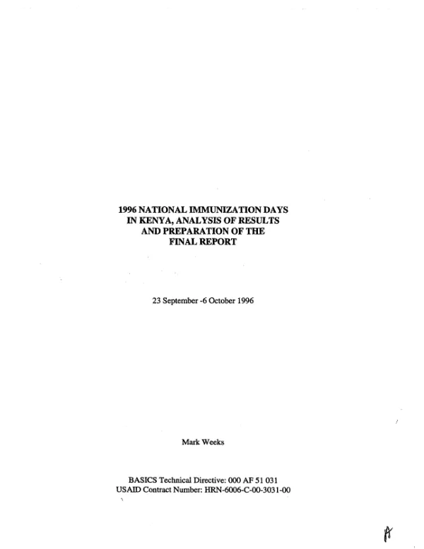 1996 national immunization days in Kenya, analysis of results and preparation of the final report -- 23 September-6 October 1996
