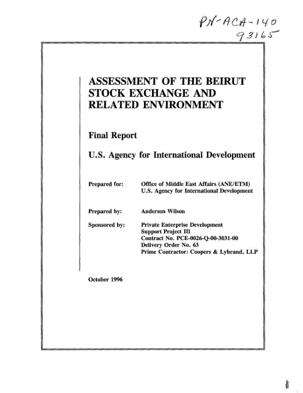 Assessment of the Beirut stock exchange and related environment : final report