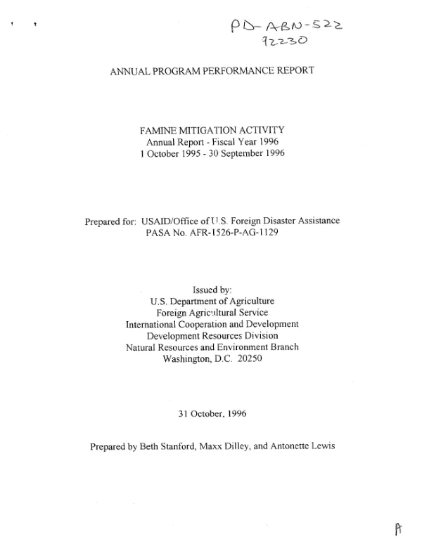 Annual program performance report : famine mitigation activity -- annual report - fiscal year 1996 : 1 October 1995-30 September 1996