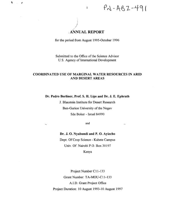 Annual report for the period from August 1995-October 1996 : coordinated use of marginal water resources in arid and desert areas