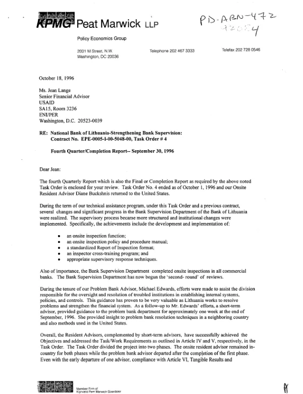 National Bank of Lithuania : strengthening bank supervision -- final report for the year ending September 30, 1996