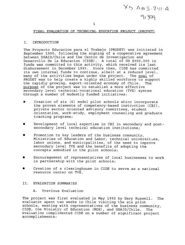 Final evaluation of technical education project proyecto educacion para el trabajo (PRODET)