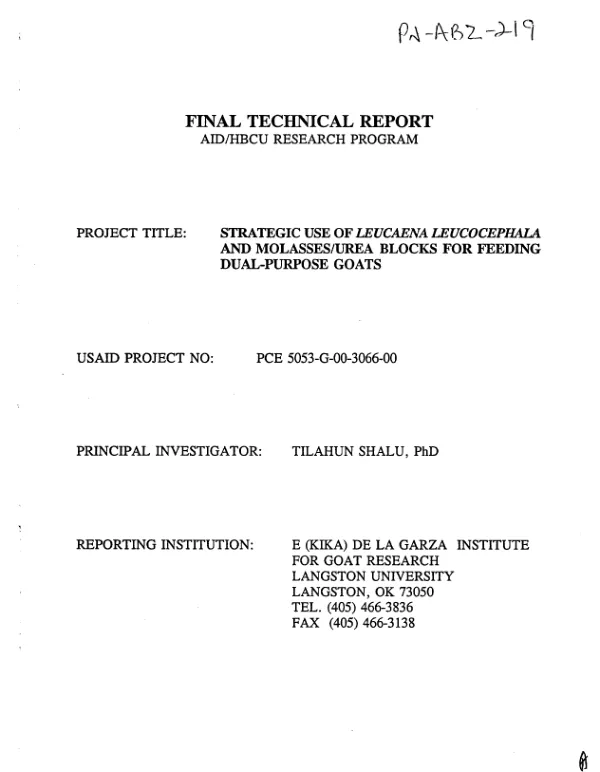 Final technical report -- USAID/HBCU research program : strategic use of Leucaena leucocephala and molasses/urea blocks for feeding dual-purpose goats